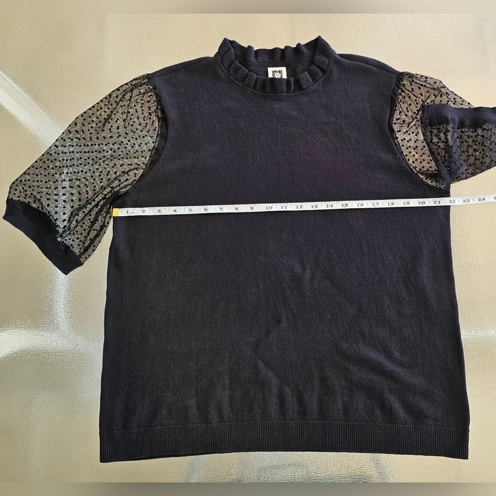 Annie Klein XL Casual Black Top with Sheer Polka Dot Sleeves - Picture 7 of 12